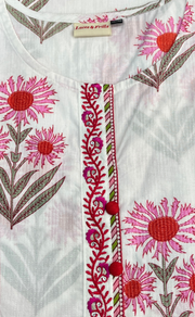 White/Pink Floral Jaipuri Cotton Kurti. Pure Versatile Cotton. | Laces and Frills