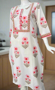White/Pink Floral Jaipuri Cotton Kurti. Pure Versatile Cotton. | Laces and Frills