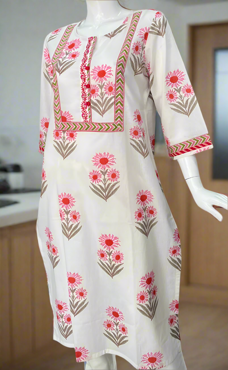 White/Pink Floral Jaipuri Cotton Kurti. Pure Versatile Cotton. | Laces and Frills