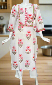 White/Pink Floral Jaipuri Cotton Kurti. Pure Versatile Cotton. | Laces and Frills
