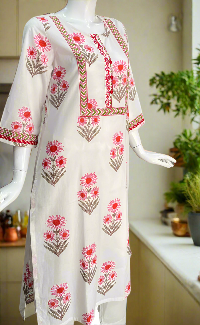 White/Pink Floral Jaipuri Cotton Kurti. Pure Versatile Cotton. | Laces and Frills