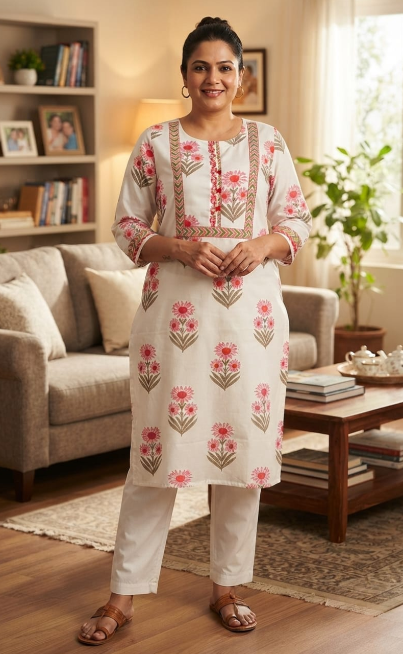 White Floral Jaipuri Cotton Kurti. Pure Versatile Cotton. | Laces and Frills