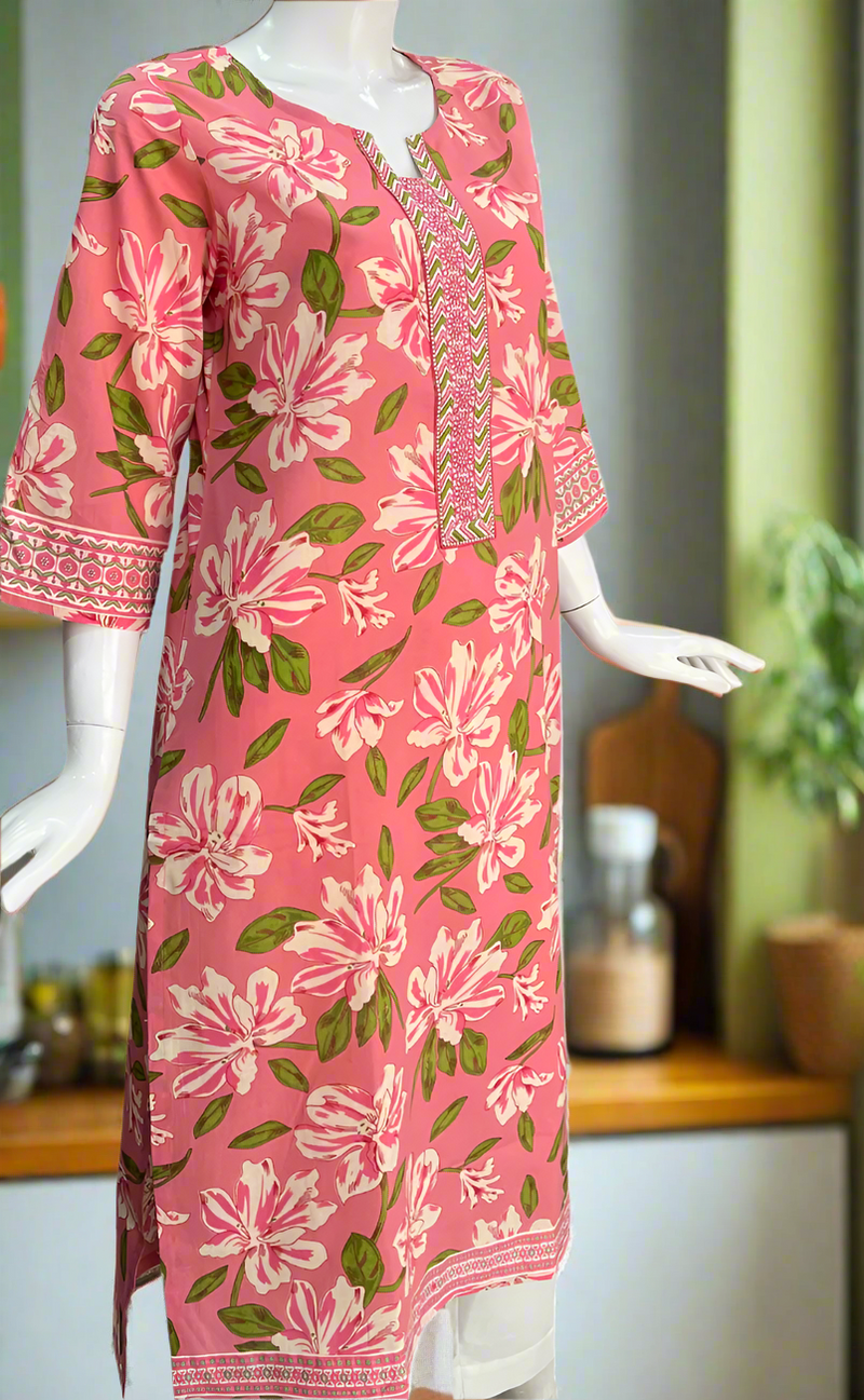 Pink Garden Jaipuri Cotton Kurti. Pure Versatile Cotton. | Laces and Frills