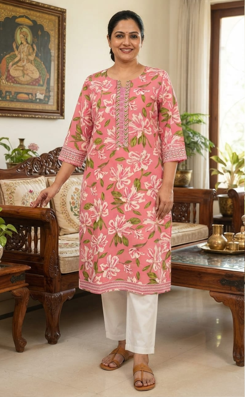 Pink Garden Jaipuri Cotton Kurti. Pure Versatile Cotton. | Laces and Frills