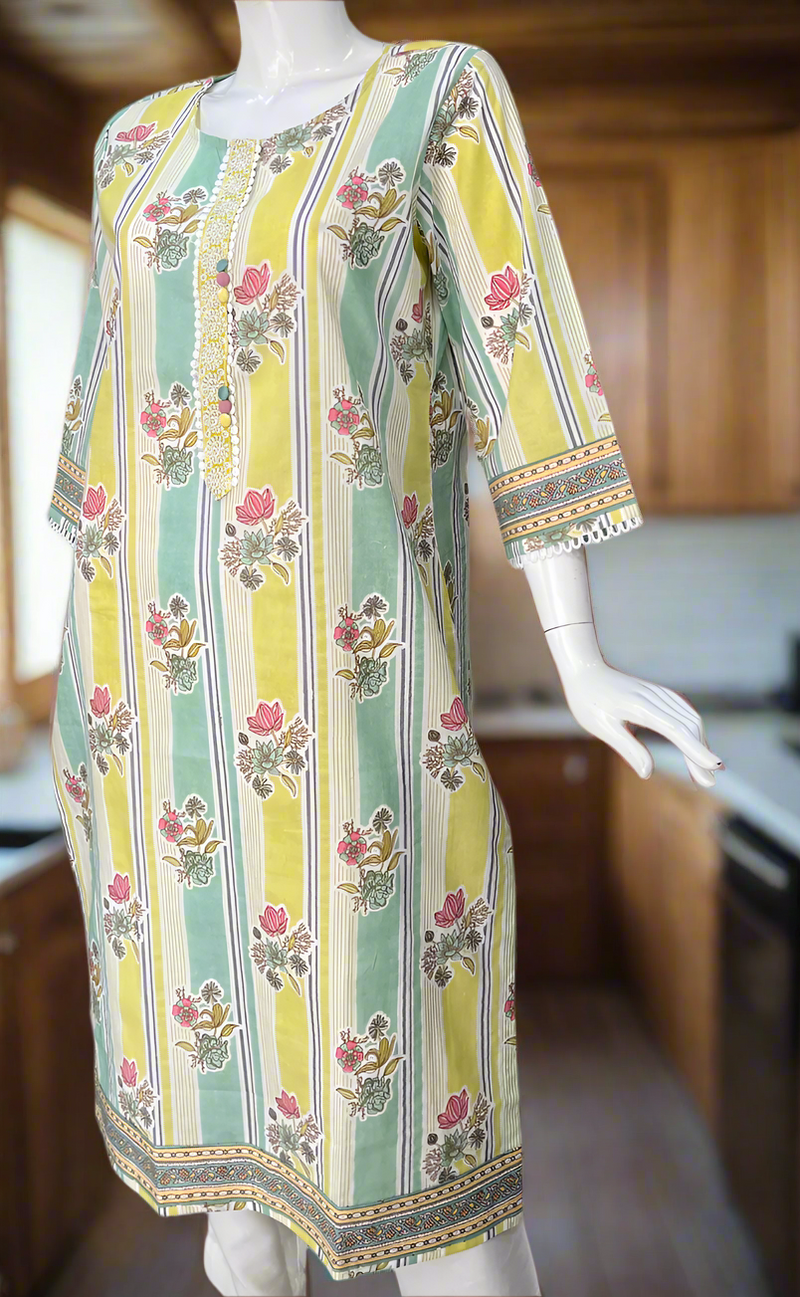 Light Green Garden Jaipuri Cotton Kurti. Pure Versatile Cotton. | Laces and Frills