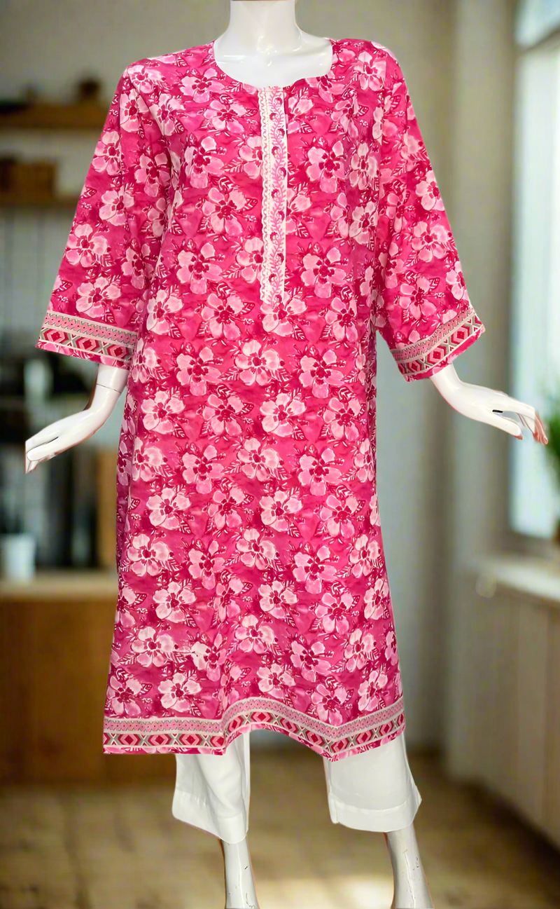 Pink Garden Jaipuri Cotton Kurti. Pure Versatile Cotton. | Laces and Frills