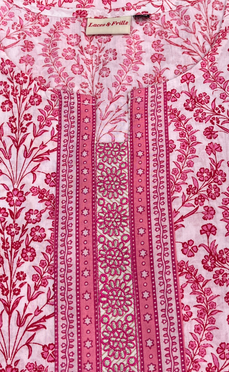 White/Pink Garden Jaipuri Cotton Kurti. Pure Versatile Cotton. | Laces and Frills