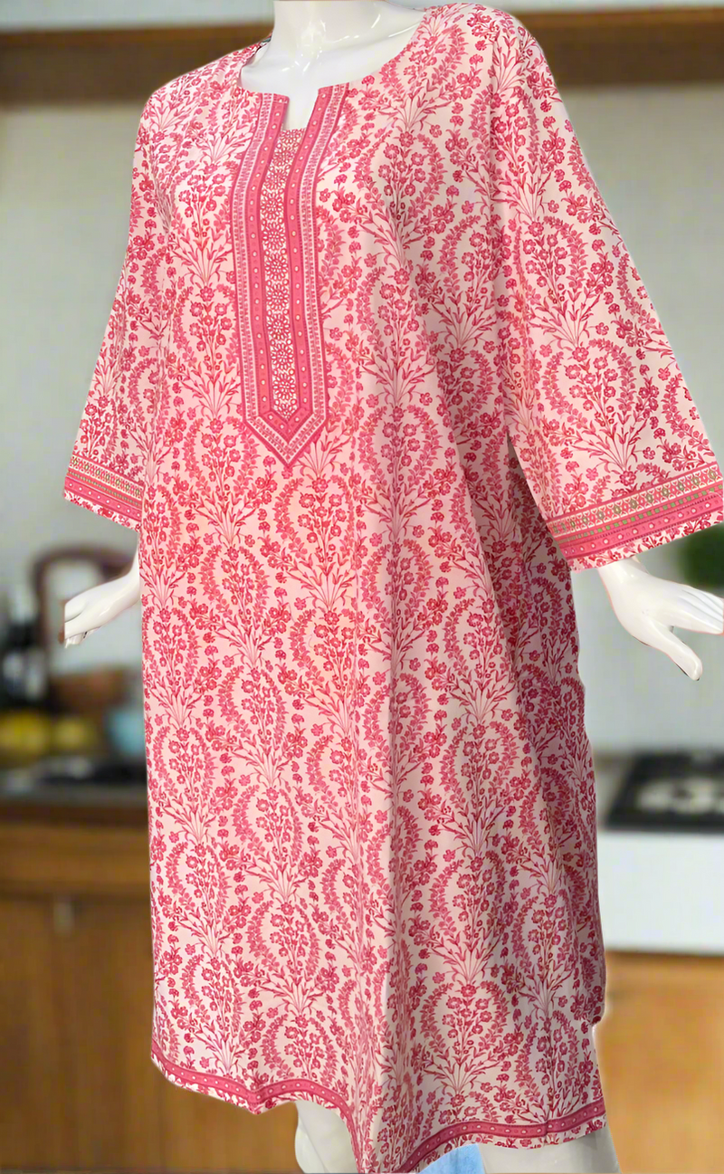 White/Pink Garden Jaipuri Cotton Kurti. Pure Versatile Cotton. | Laces and Frills