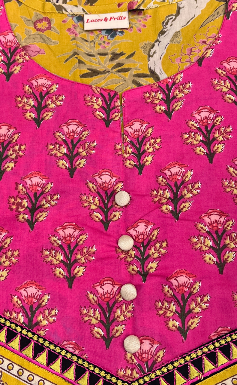Yellow/Pink Garden Jaipuri Cotton Kurti. Pure Versatile Cotton. | Laces and Frills