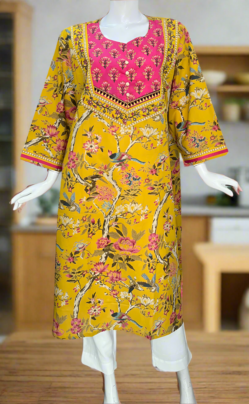 Yellow/Pink Garden Jaipuri Cotton Kurti. Pure Versatile Cotton. | Laces and Frills