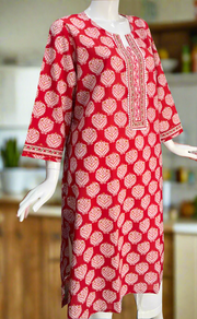 Red Floral Jaipuri Cotton Kurti. Pure Versatile Cotton. | Laces and Frills