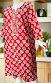Red Floral Jaipuri Cotton Kurti. Pure Versatile Cotton. | Laces and Frills