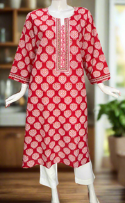 Red Floral Jaipuri Cotton Kurti. Pure Versatile Cotton. | Laces and Frills