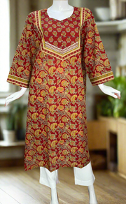 Rust Maroon Floral Garden Jaipuri Cotton Kurti. Pure Versatile Cotton. | Laces and Frills