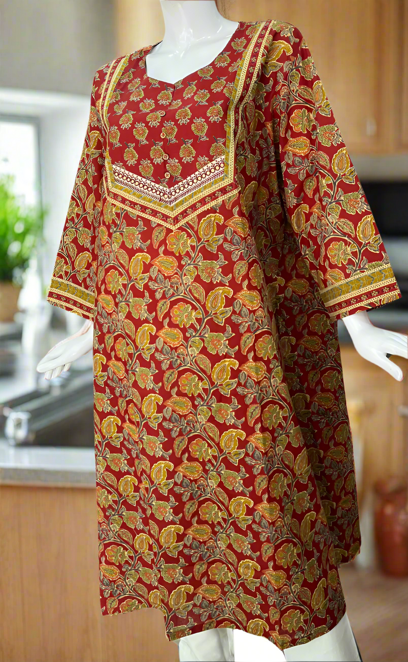 Rust Maroon Floral Garden Jaipuri Cotton Kurti. Pure Versatile Cotton. | Laces and Frills
