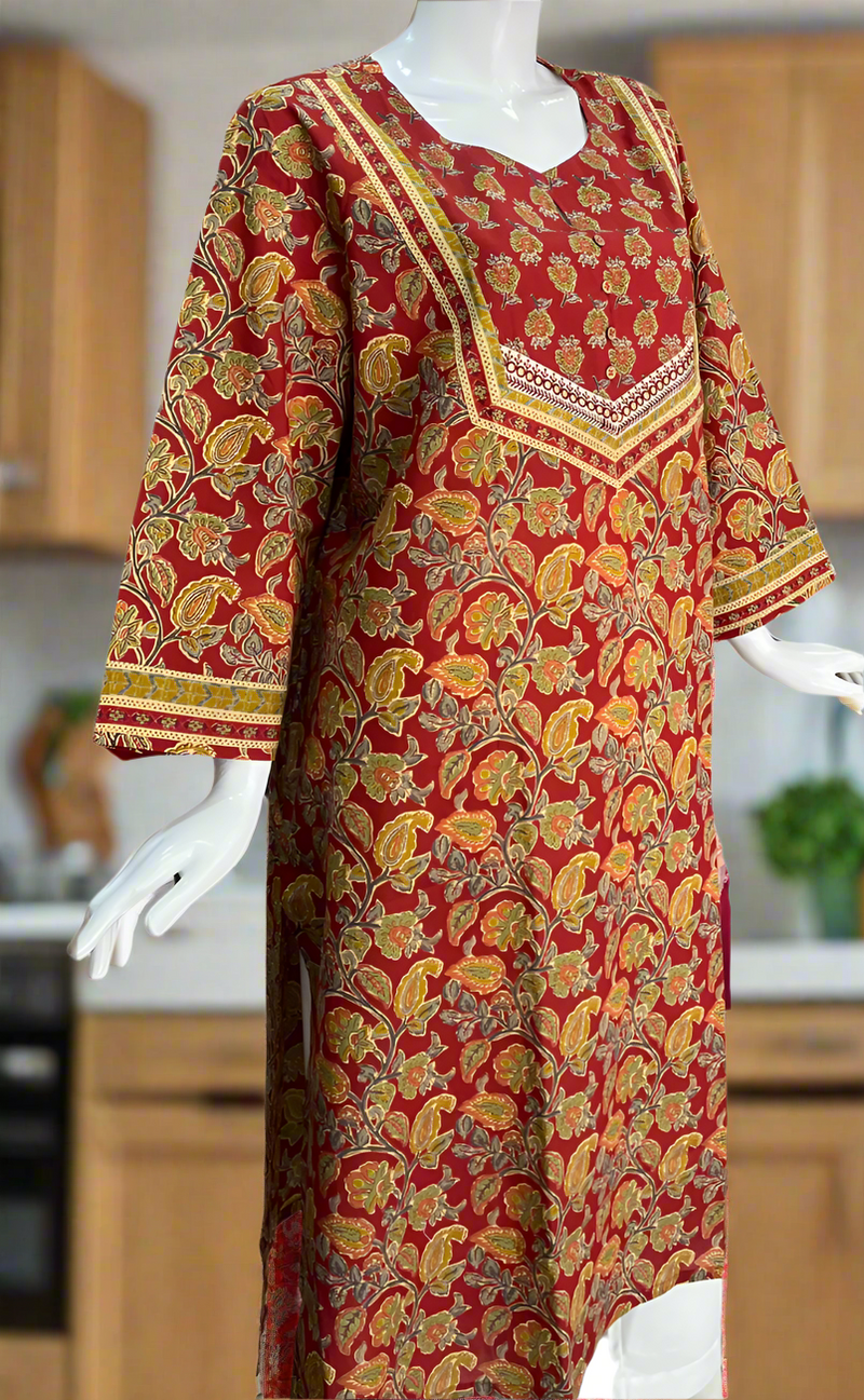 Rust Maroon Floral Garden Jaipuri Cotton Kurti. Pure Versatile Cotton. | Laces and Frills