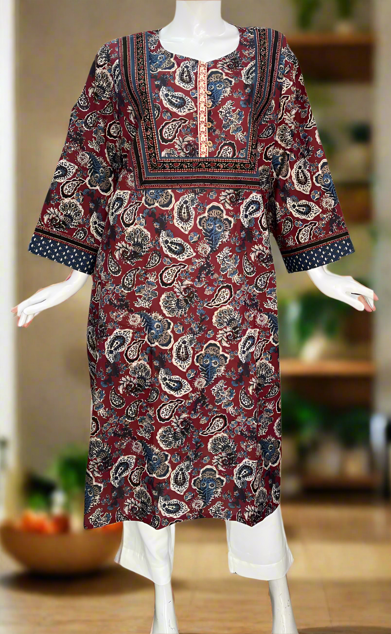 Dark Maroon Garden Jaipuri Cotton Kurti. Pure Versatile Cotton. | Laces and Frills