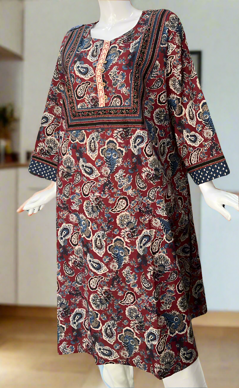 Dark Maroon Garden Jaipuri Cotton Kurti. Pure Versatile Cotton. | Laces and Frills