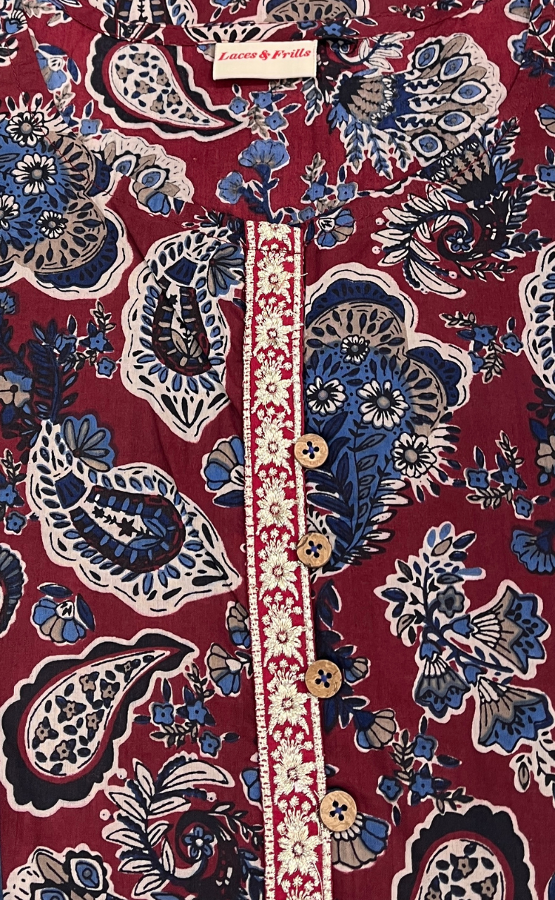 Dark Maroon Garden Jaipuri Cotton Kurti. Pure Versatile Cotton. | Laces and Frills