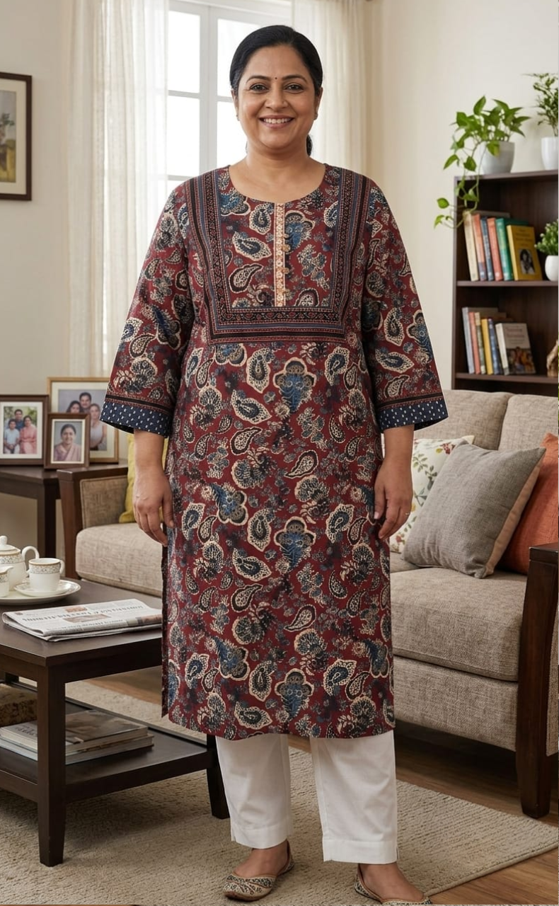 Dark Maroon Garden Jaipuri Cotton Kurti. Pure Versatile Cotton. | Laces and Frills