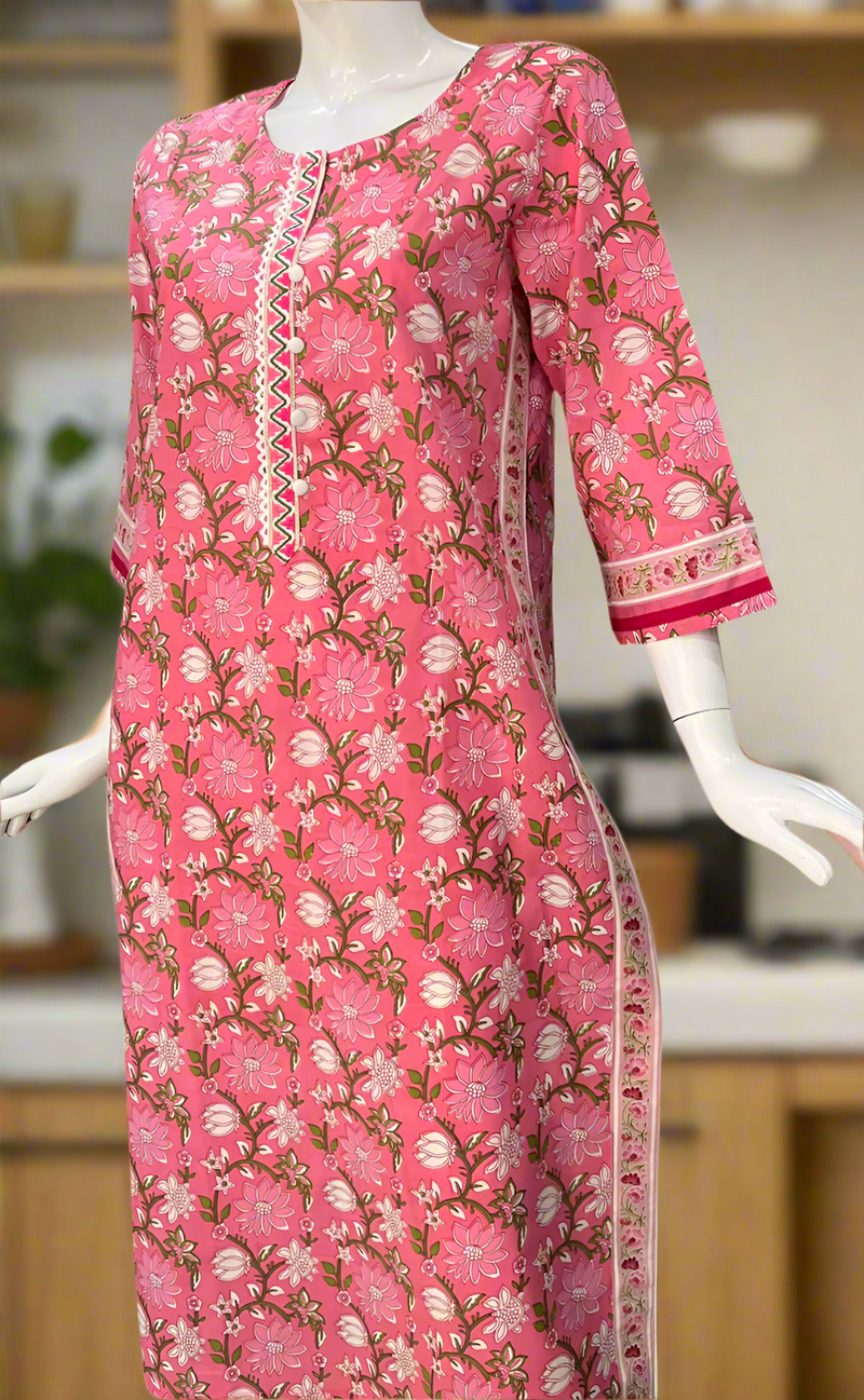 Pink Garden Jaipuri Cotton Kurti. Pure Versatile Cotton. | Laces and Frills
