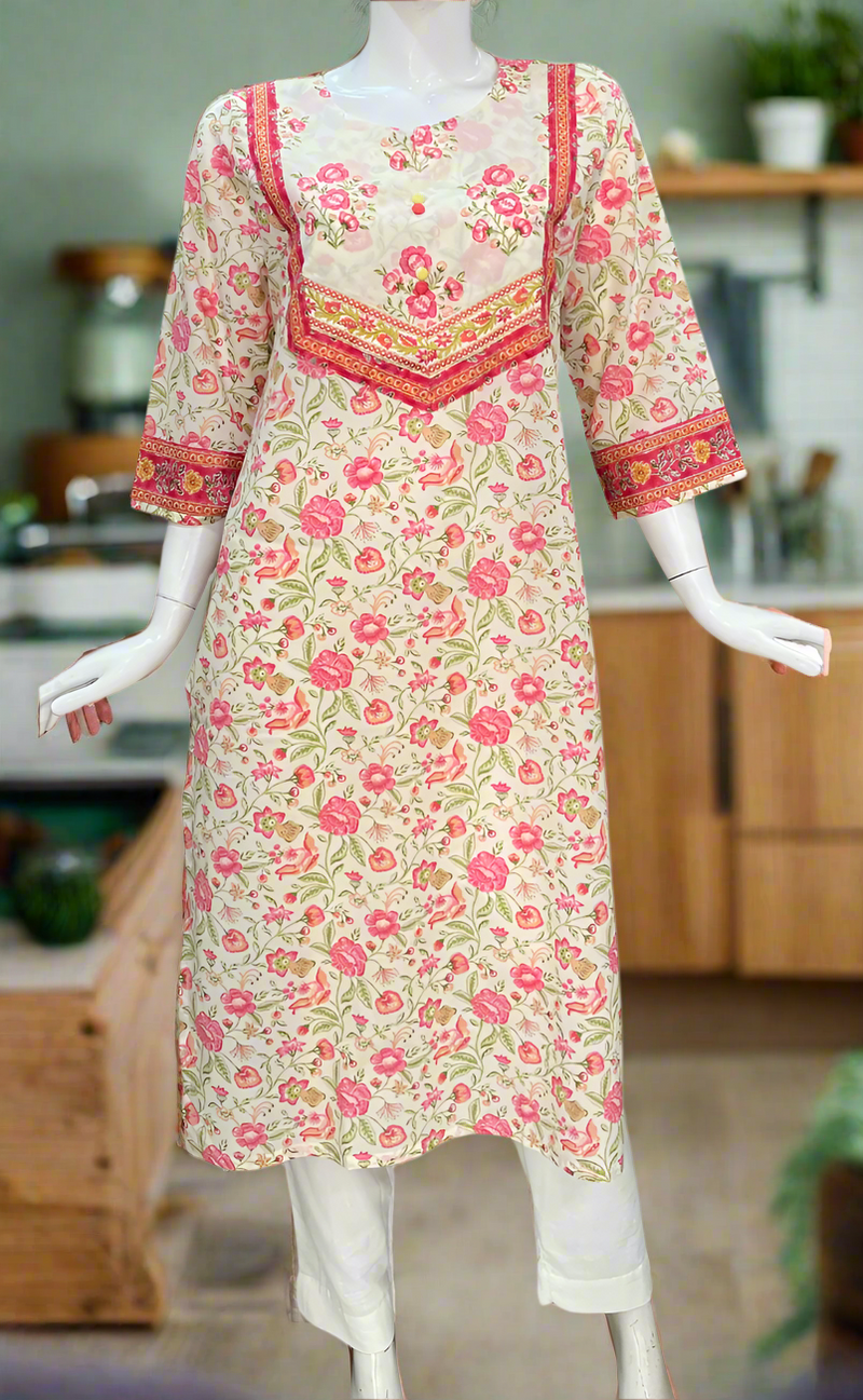 Off White/Pink Garden Jaipuri Cotton Kurti. Pure Versatile Cotton. | Laces and Frills