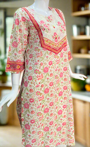 Off White/Pink Garden Jaipuri Cotton Kurti. Pure Versatile Cotton. | Laces and Frills