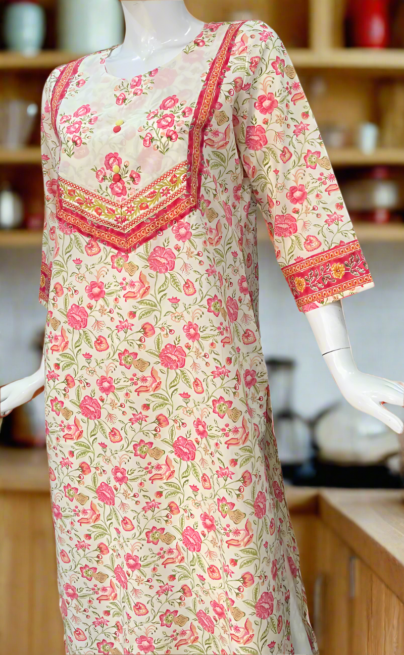 Off White/Pink Garden Jaipuri Cotton Kurti. Pure Versatile Cotton. | Laces and Frills