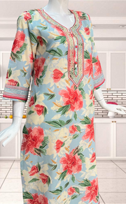 Light Blue/Peach Floral Jaipuri Cotton Kurti. Pure Versatile Cotton. | Laces and Frills