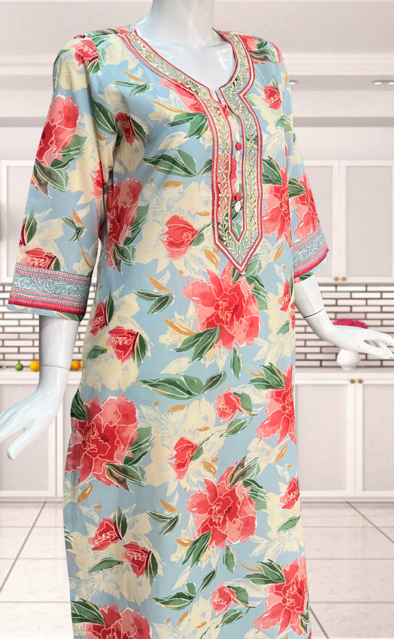 Light Blue/Peach Floral Jaipuri Cotton Kurti. Pure Versatile Cotton. | Laces and Frills