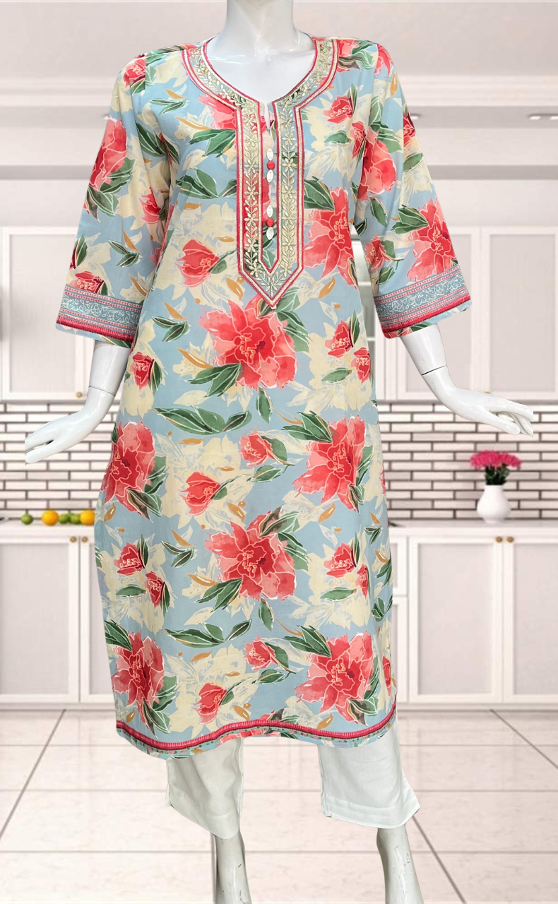 Light Blue/Peach Floral Jaipuri Cotton Kurti. Pure Versatile Cotton. | Laces and Frills