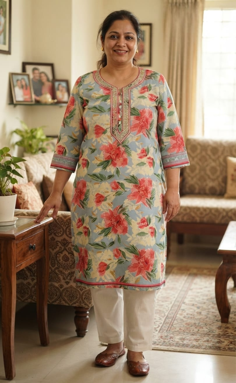 Light Blue Floral Jaipuri Cotton Kurti. Pure Versatile Cotton. | Laces and Frills