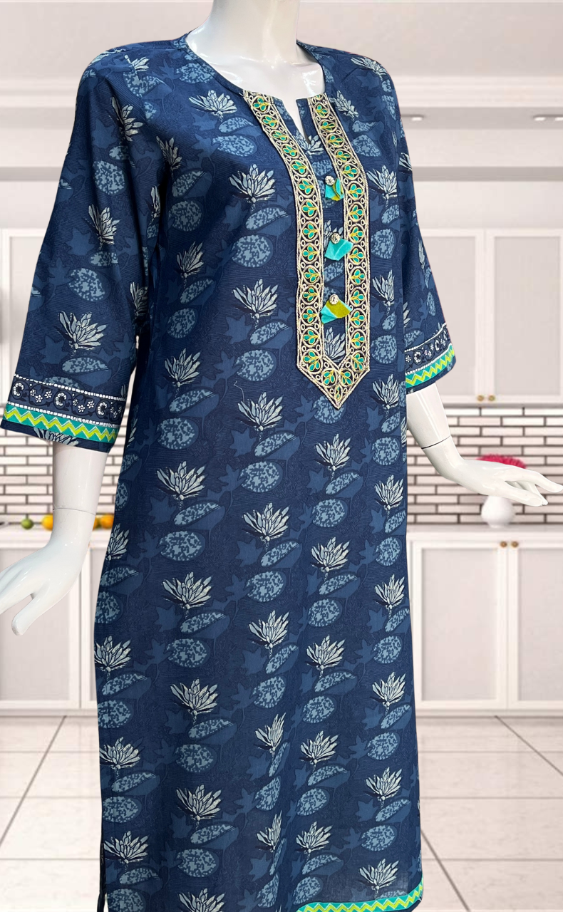 Blue Floral Jaipuri Cotton Kurti. Pure Versatile Cotton. | Laces and Frills