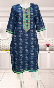 Blue Floral Jaipuri Cotton Kurti. Pure Versatile Cotton. | Laces and Frills