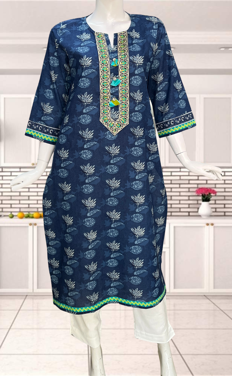 Blue Floral Jaipuri Cotton Kurti. Pure Versatile Cotton. | Laces and Frills