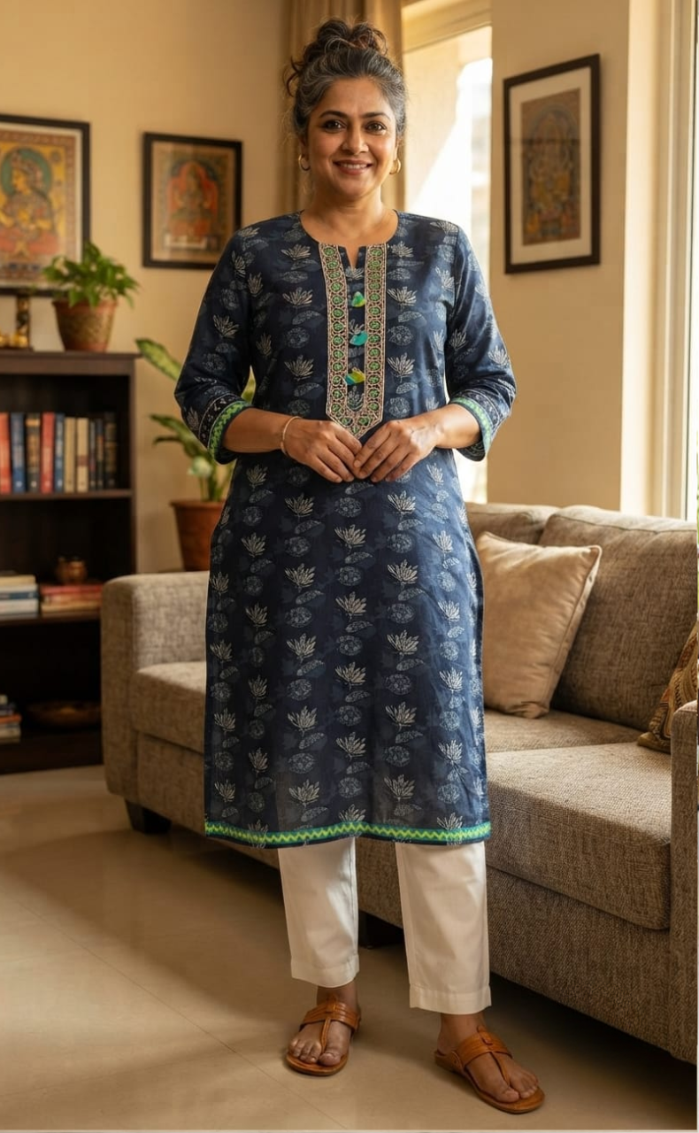 Blue Floral Jaipuri Cotton Kurti. Pure Versatile Cotton. | Laces and Frills