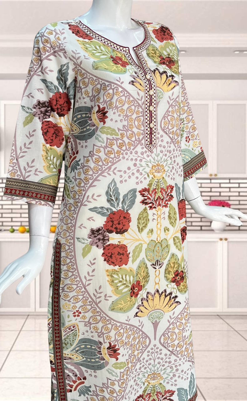 Off White/Maroon Garden Jaipuri Cotton Kurti. Pure Versatile Cotton. | Laces and Frills