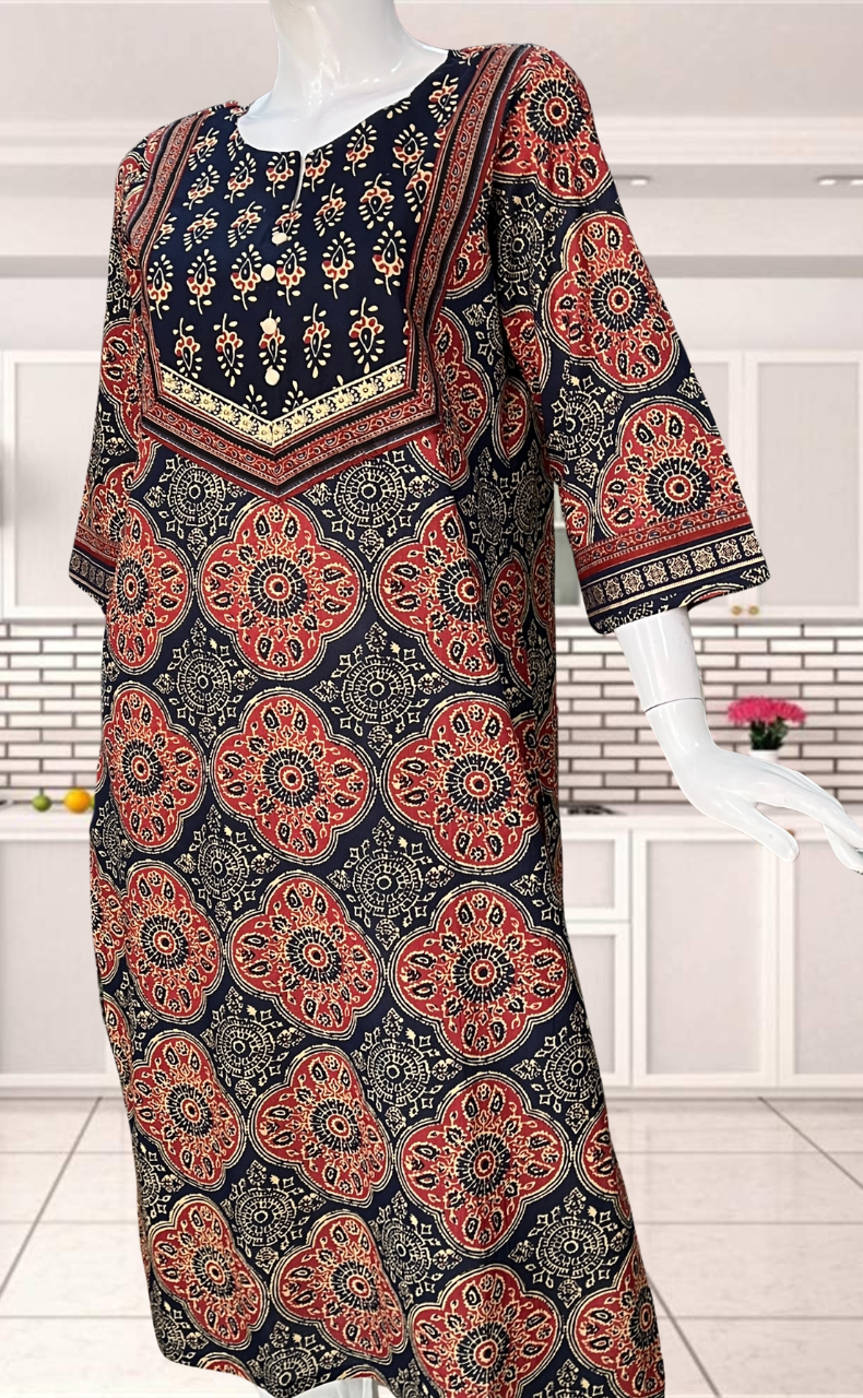 Navy Blue/Maroon Leafy Jaipuri Cotton Kurti. Pure Versatile Cotton. | Laces and Frills - Laces and Frills
