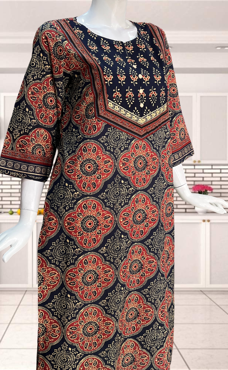 Navy Blue/Maroon Leafy Jaipuri Cotton Kurti. Pure Versatile Cotton. | Laces and Frills - Laces and Frills