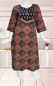 Navy Blue/Maroon Leafy Jaipuri Cotton Kurti. Pure Versatile Cotton. | Laces and Frills - Laces and Frills