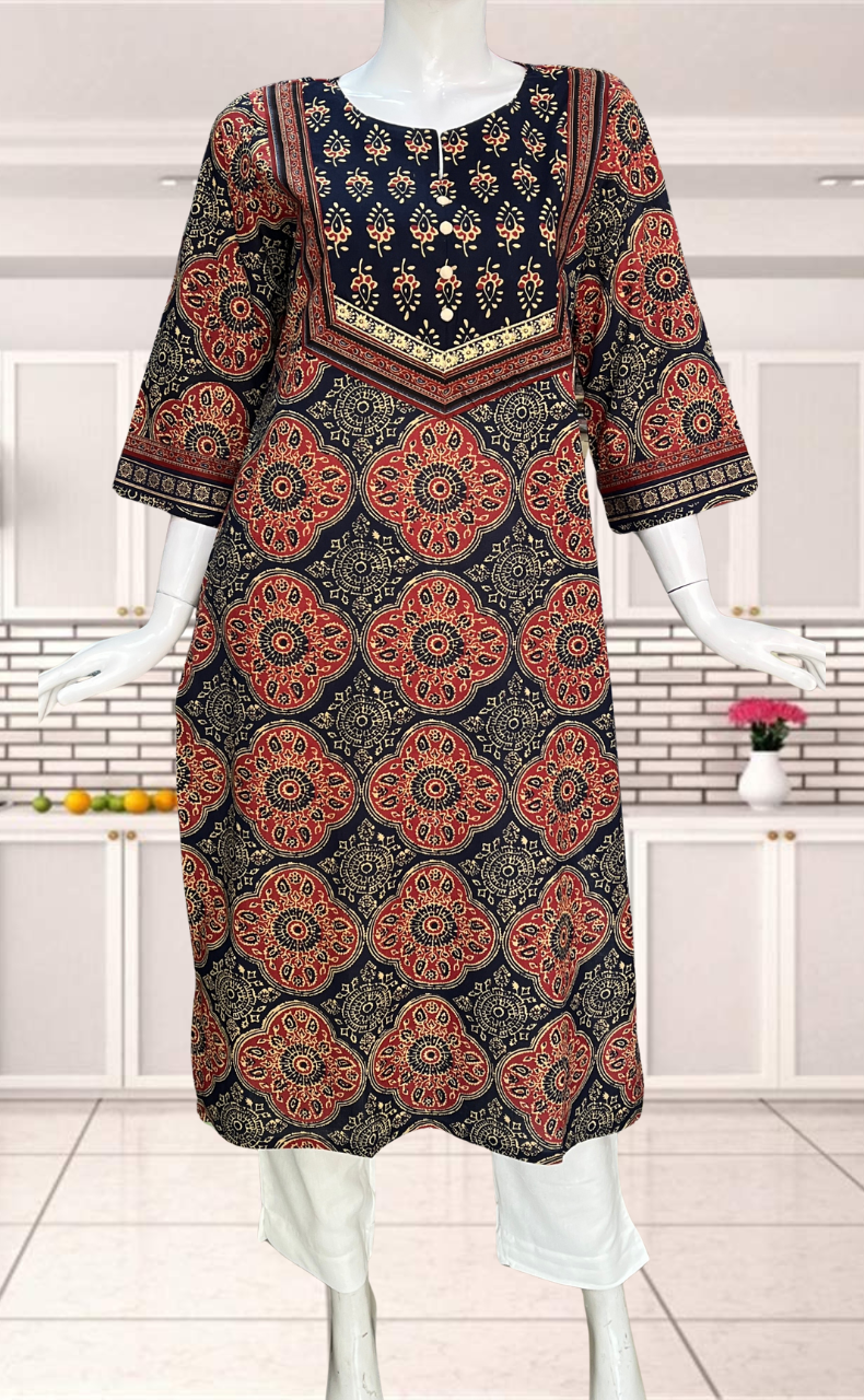 Navy Blue/Maroon Leafy Jaipuri Cotton Kurti. Pure Versatile Cotton. | Laces and Frills - Laces and Frills