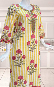 Light Yellow Floral Jaipuri Cotton Kurti. Pure Versatile Cotton. | Laces and Frills