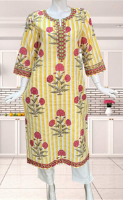 Light Yellow Floral Jaipuri Cotton Kurti. Pure Versatile Cotton. | Laces and Frills