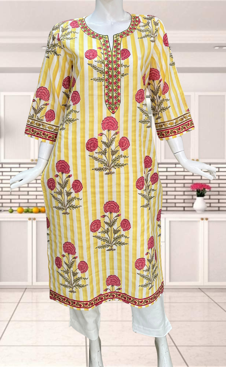 Light Yellow Floral Jaipuri Cotton Kurti. Pure Versatile Cotton. | Laces and Frills