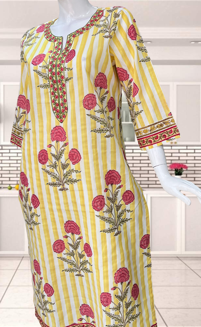 Light Yellow Floral Jaipuri Cotton Kurti. Pure Versatile Cotton. | Laces and Frills