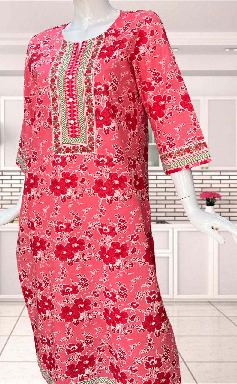 Pink/Red Garden Jaipuri Cotton Kurti. Pure Versatile Cotton. | Laces and Frills