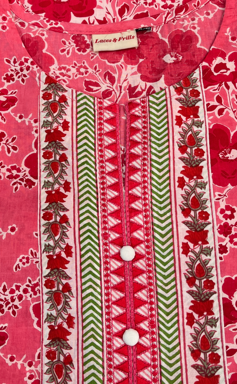 Pink/Red Garden Jaipuri Cotton Kurti. Pure Versatile Cotton. | Laces and Frills