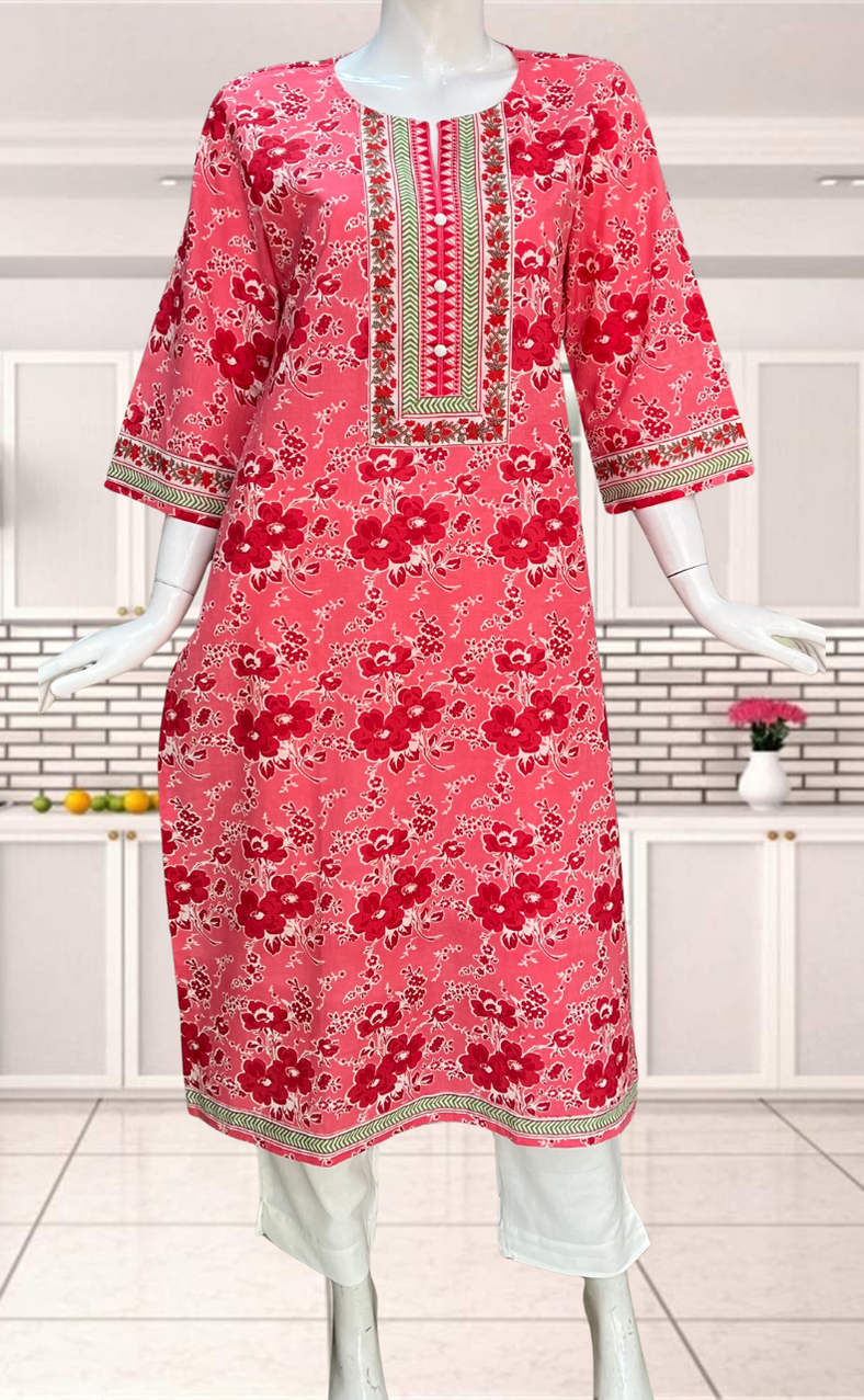 Sushi Sassy Flared Rani Pink Jaipuri Cotton Kurti-Salwar Set With Lace Trims