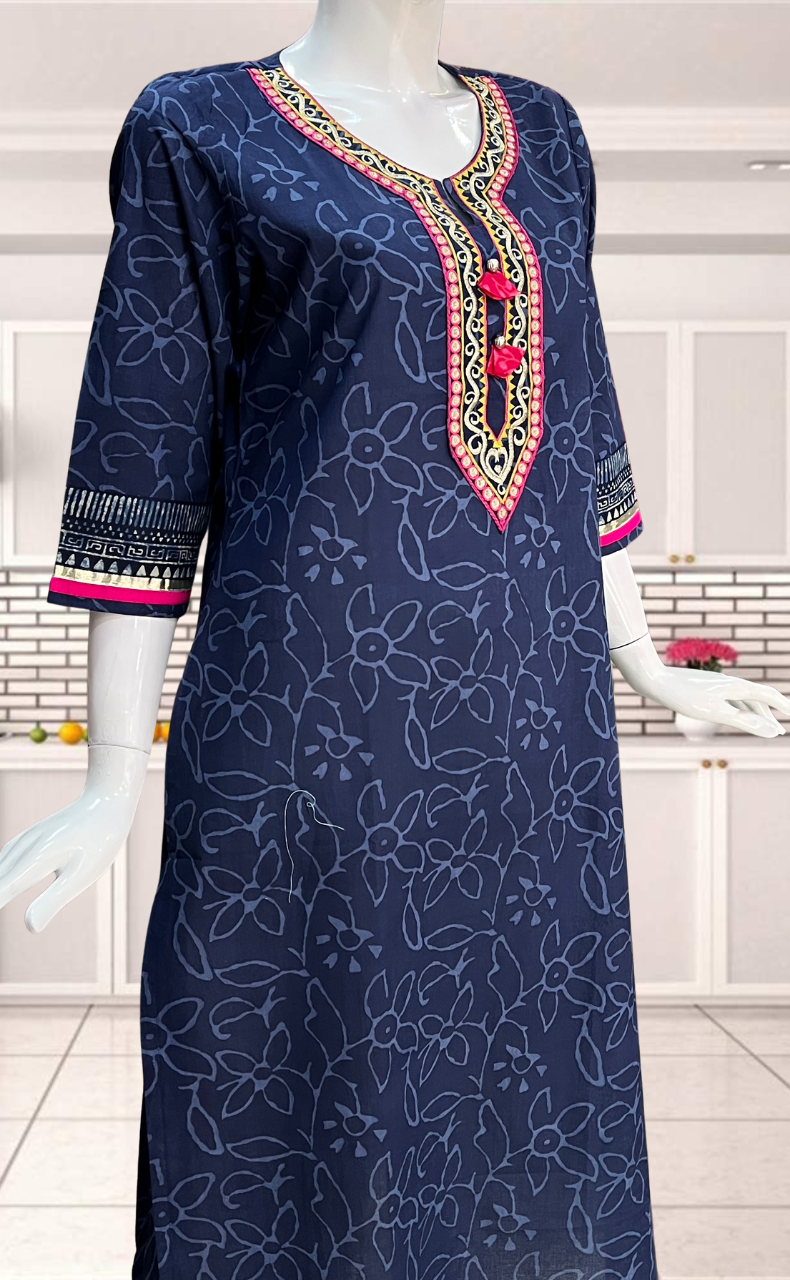Navy Blue Floral Jaipuri Cotton Kurti. Pure Versatile Cotton. | Laces and Frills