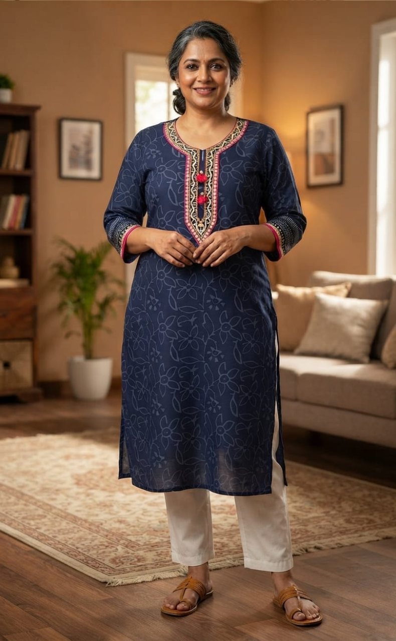 Navy Blue Floral Jaipuri Cotton Kurti. Pure Versatile Cotton. | Laces and Frills